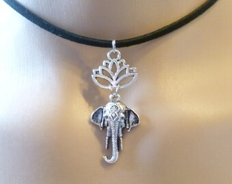 Elephant,lotus choker,black choker,elephant choker necklace,lotus flower choker,elephant jewelry,buddhist jewelry,boho.silver elephant,gift