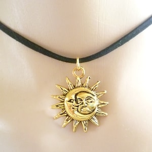 sun and moon choker,sun choker,choker necklace,wiccan jewellery,celestial jewelry,gold charm necklace,pagan,black choker,moon necklace,gift