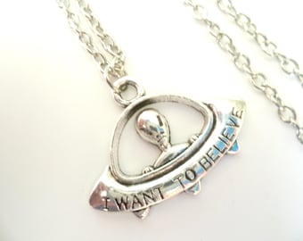 Alien UFO Necklace, Silver Space Jewelry, Handmade Charm