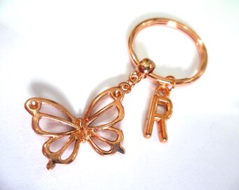 Personalised keyring,Rose gold butterfly keychain,initial purse charm