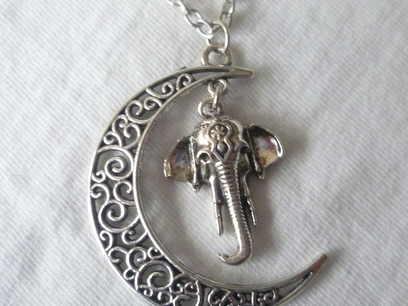 elephant necklace,moon necklace,charm necklace,elephant necklace,moon jewelry,elephant jewelry,silver necklace,wiccan jewelry,gift Moon