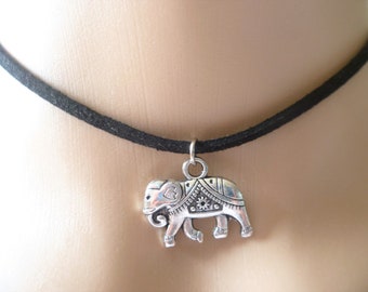 Elephant choker,elephant jewelry,black choker,choker necklace,boho jewelry,elephant necklace,festival jewelrygift,silver charm,handmade,zen