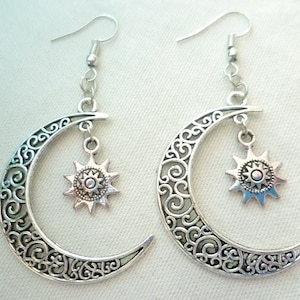 Sun and moon earrings,moon jewelry,wiccan jewelry,sun earrings,pagan jewelry,handmade,celestial gift,sun and moon jewellery,silver earrings