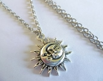 Sun and moon necklace,silver necklace,charm necklace,pendant,sun necklace,celestial,wiccan jewelry,pagan,gift,pendant, moon,sun jewelry