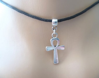 Silver Egyptian Ankh Choker, Black Cord Necklace