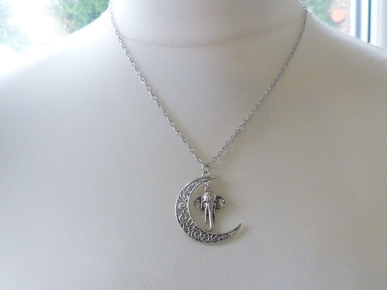 elephant necklace,moon necklace,charm necklace,elephant necklace,moon jewelry,elephant jewelry,silver necklace,wiccan jewelry,gift Moon