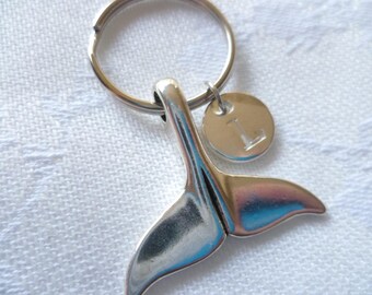 Personalized Whale Tail Keychain: Initial Charm, Silver Keyring