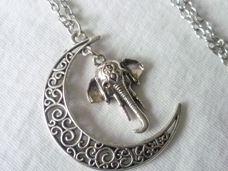 elephant necklace,moon necklace,charm necklace,elephant necklace,moon jewelry,elephant jewelry,silver necklace,wiccan jewelry,gift Moon