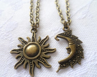 Sun and moon necklace set,friendship necklace,BFF set of 2,celestial gift,sun jewelry,gift,wiccan jewelry,sun necklace,moon jewellery,pagan