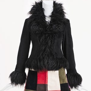 Faux fur y2k afghan jacket. Fluffy 2000s black vegan 70s style Penny Lane shaggy hippie gothic goth fake suede coat. Size SMALL US 4