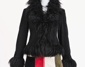Kunstpelz y2k Afghan Jacke flauschig 2000er Vegan Penny Lane Shaggy Grunge Hippie Goth Whimsigoth Lolita Kunstpelz schwarzer Kunstpelz (Größe S)