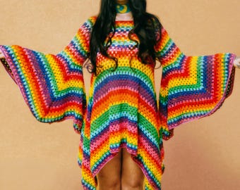 Rainbow crochet knit dress bell sleeve vintage 60s 70s style retro mod boho whimsigoth fairy hippie pride woodstock festival mini dress