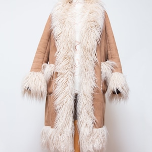 2000s Penny Lane coat with fluffy faux fur trim y2k afghan coat boho hippie 70s style lolita whimsigoth furry jacket (size M) gift for her