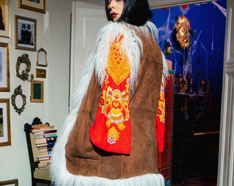Colete afegão vintage boho anos 70, estilo folk boho, colete Penny Lane de pele de carneiro, fantasia hippie de Halloween, jaqueta de couro genuíno feita à mão.
