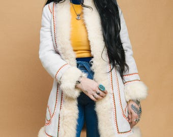 Vintage afghan coat 60s 70s suede shearling embroidered sheepskin Penny Lane hippie boho halloween costume genuine leather lamb fur jacket