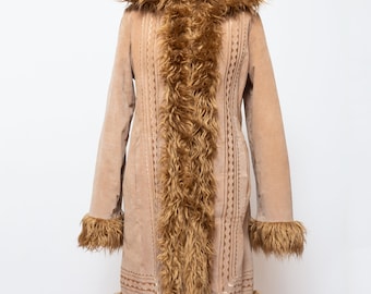 Vintage suede leather Penny Lane coat 70s style woodstock real leather faux fur floral embroidered afghan hippie boho jacket. Size M