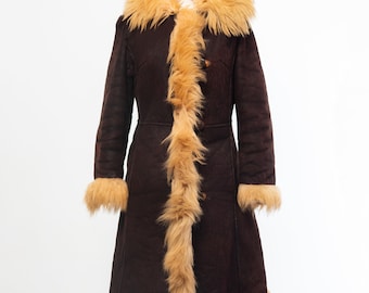 Vintage sheepskin shearling coat retro Penny Lane real fluffy Sheep fur trim hippie afghan boehmian genuine leather long jacket. Size small