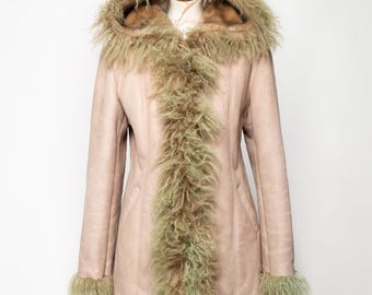 manteau vintage Penny Lane à capuche véritable fourrure de lama moelleux de Mongolie garniture boho hippie des années 70 en similicuir fourrure naturelle poignets veste afghane. Taille M/L