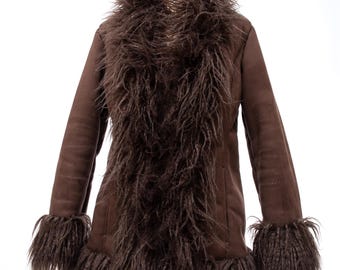 Faux fur Penny Lane coat brown faux leather boho hippie 70s style festival whimsigoth y2k clothes fluffy vegan fur duster jacket Size M/L