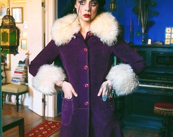 Vintage purple suede 60s 70s coat real curly fur collar cuffs Penny Lane retro mod Lilli Ann shearling sheepskin hippie boho afghan jacket