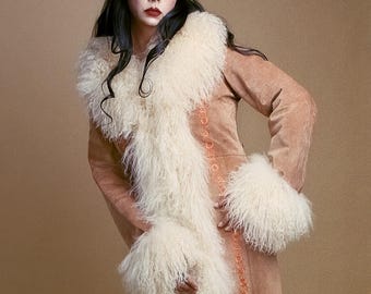 Vintage Penny Lane coat real lama mongolian fur embroidered suede leather fluffy sheep wool llama 90s does 70s boho hippie jacket. Size M