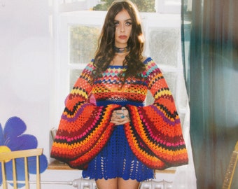Bell sleeve retro mod crochet mini dress. 100% HANDMADE &quot;M A R I J K E&quot; 60s 70s hand knitted colorful dress. One of a kind crochet dress