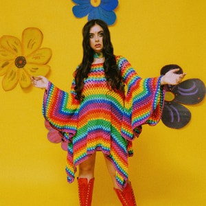 TRIP OUT! Super groovy 1970s inspired rainbow crochet "F A N T A S I A " dress with massive bell-sleeves