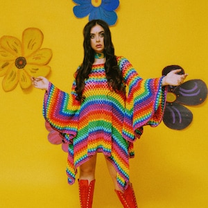 Dreamy RAINBOW 70s handmade crochet mini dress with massive bell-sleeves. Colorful knitted retro mod dress. Handmade crochet dress. XXS-L