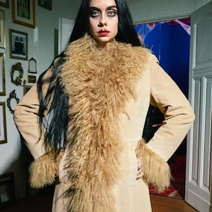 Vintage Penny Lane fur coat suede leather shaggy curly mongolian tibetan lamb fur boho hippie afghan Daisy Jones festival jacket