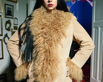 Abrigo de piel boho vintage Penny Lane, ante, lana de pelo largo mongol tibetano, estilo Stevie Nicks, boho lolita, hippie, afgano, para festivales.