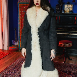 Vintage 1960s princess coat real long sheepskin jacket with dramatic fur trim 1970s Penny Lane shearling boho hippie fur coat