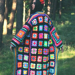 Rainbow psychedelic granny square colorful crochet coat. True handmade 70s inspired hippie afghan coat