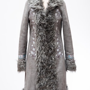 Vintage faux fur afghan coat y2k embroidered faux leather vegan boho duster hippie festival spring jacket gift for girlfriend (Size M)