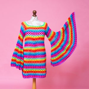 Magical psychedelic FANTASIA NEON 1970s inspired psych mod rainbow bell sleeve crochet dress. image 1