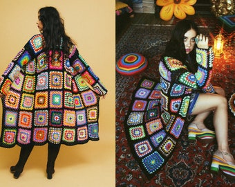 Wonderful rainbow psychedelic granny square colorful crochet afghan coat. TRUE HANDMADE 1970's inspired hippie afghan coat