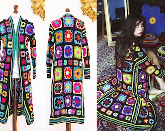 TRUE HANDMADE with love granny square colorful crochet afghan coat. 1970's inspired neon rainbow knitted coat