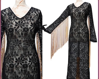 RARE victorian sheer lace 60s 70s inspired fringed hippie dress. Woodstock hippie dress. Stevie Nicks boho fringe dress. Size MEDIUM