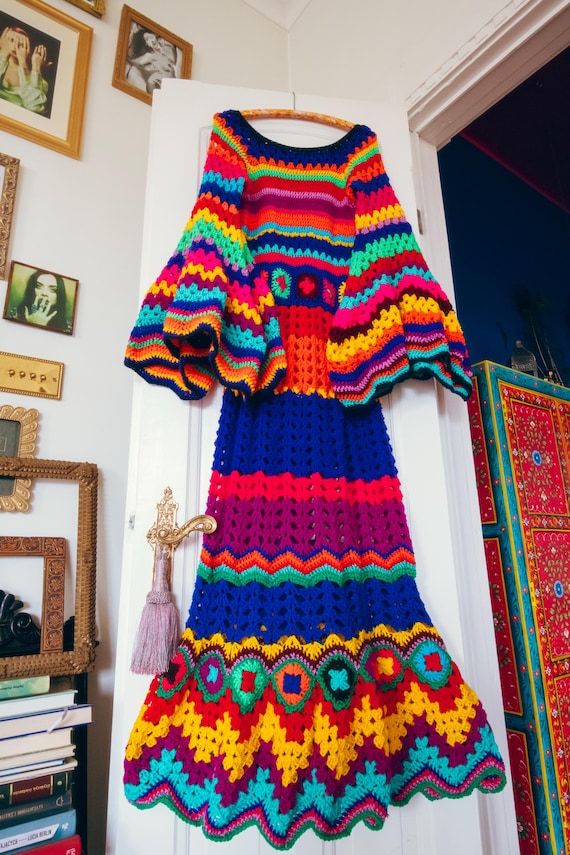 multicolor crochet maxi dress Rainbow Funky Outfit Bell Sleeve Sweater Dress Hippy Dress Love Witch Costume Hallowen Festival Outfit Crochet Gifts Size:5 YEAR Magda Butrym Sheer Asymmetrical feather dress for girl Naomi crochet please message me for