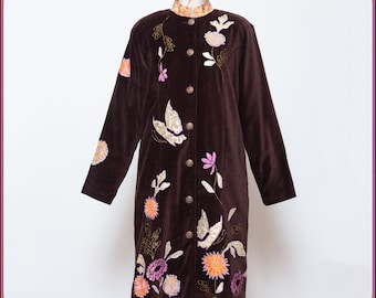Vintage Embroidered Velvet Coat: 1970s Floral Cotton Duster, Size M
