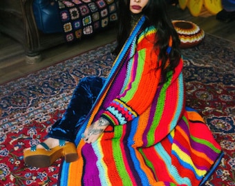 Rainbow striped crochet cardigan multicolor oversized color block circus festival psychedelic boho crochet sweater duster knitwear. FreeSize