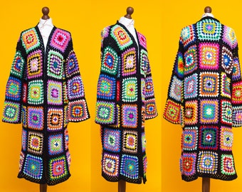 Wonderful rainbow psychedelic granny square colorful crochet afghan coat. TRUE HANDMADE 1970's inspired hippie afghan coat