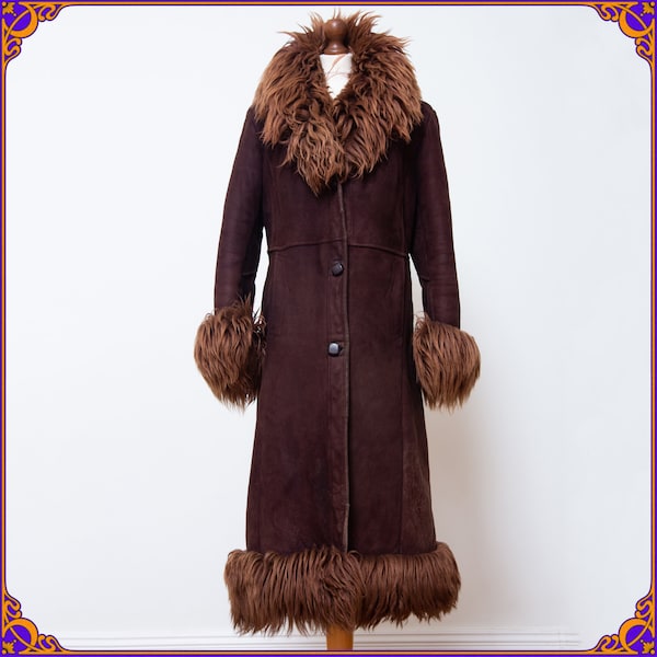 Vintage 60s 70s sheepskin shearling afghan coat. Vtg 70s real giant collar princess fur coat. 70s lamb fur coat. PENNY LANE COAT! Size S/M