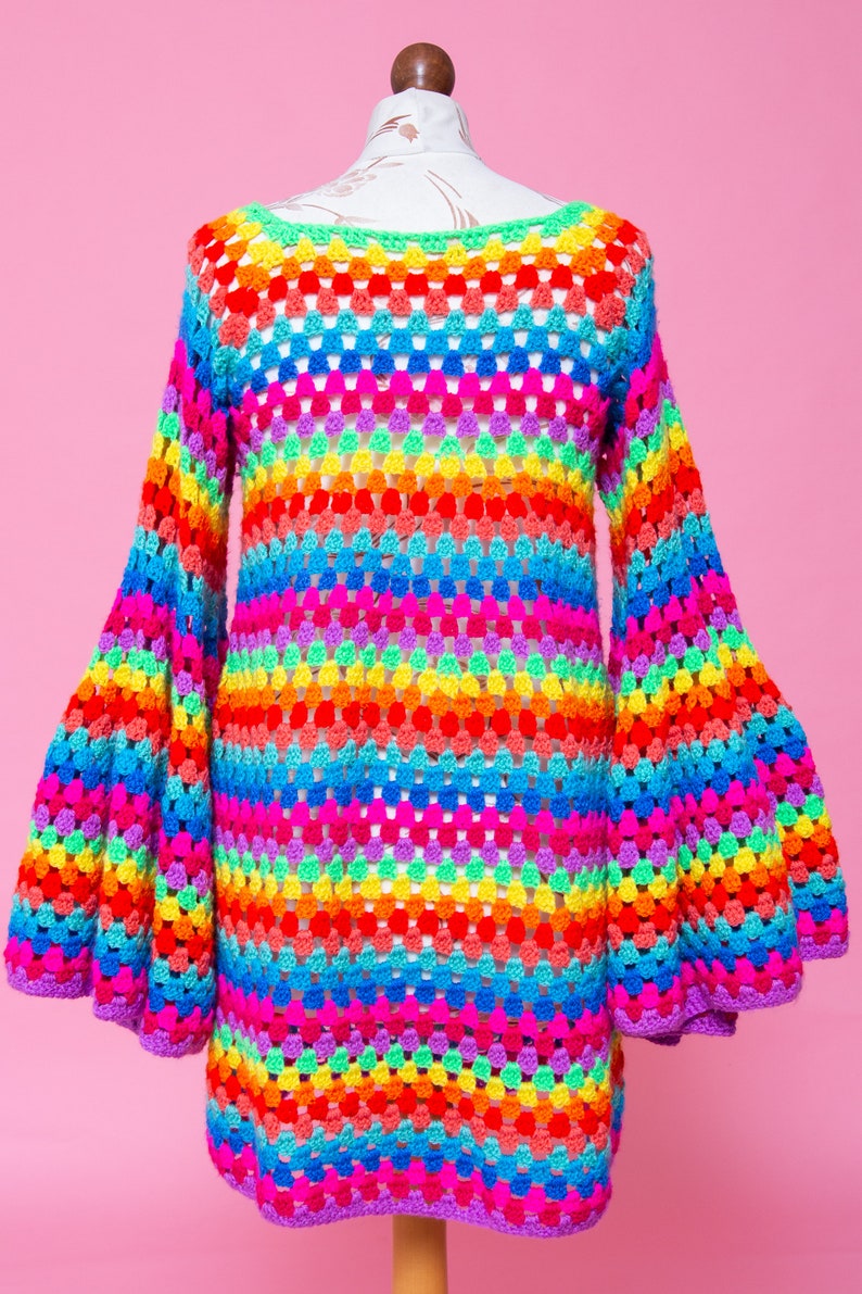 Magical psychedelic FANTASIA NEON 1970s inspired psych mod rainbow bell sleeve crochet dress. image 7