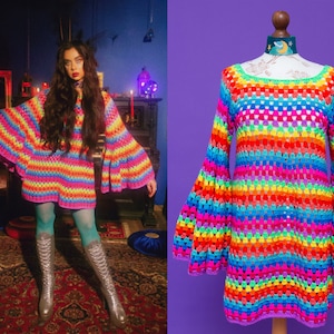 Magical psychedelic FANTASIA NEON 1970s inspired psych mod rainbow bell sleeve crochet dress. image 9