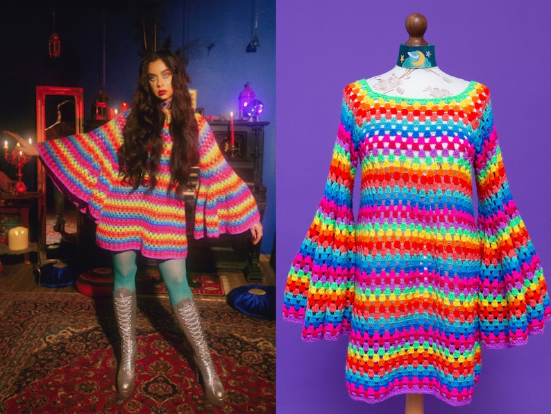 Magical psychedelic FANTASIA NEON 1970s inspired psych mod rainbow bell sleeve crochet dress. image 9