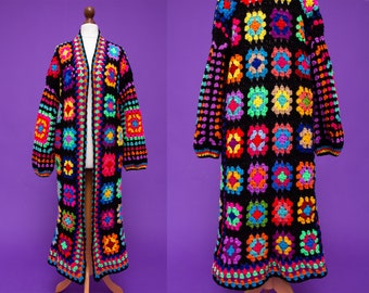 Magical psychedelic 70s inspired  granny square colorful crochet afghan coat. TRUE HANDMADE 1970's inspired hippie afghan coat