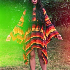 RETRO RAINBOW 70s handmade crochet mini dress with massive bell-sleeves. Colorful knitted retro mod dress. Handmade crochet dress. XXS-L