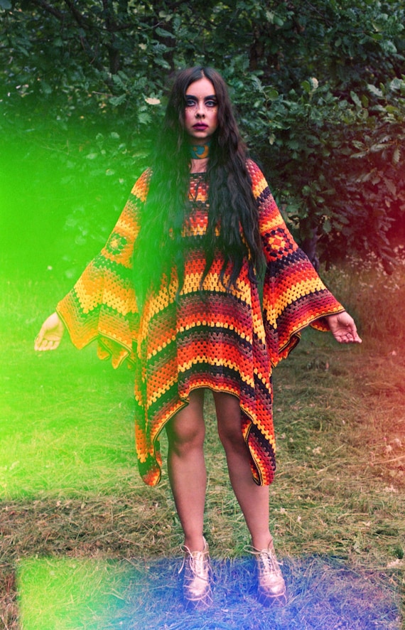 RETRO RAINBOW 70s Handmade Crochet Mini Dress With Massive Bell-sleeves.  Colorful Knitted Retro Mod Dress. Handmade Crochet Dress. XXS-L - Etsy New  Zealand