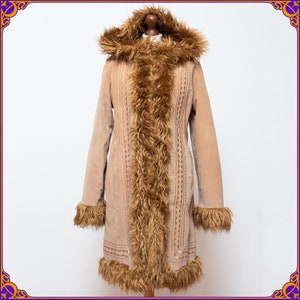 RARE vintage 70s style woodstock real leather embroidered afghan faux fur coat with hood. 70s Penny Lane Daisy Jones Hippie Boho. Size M