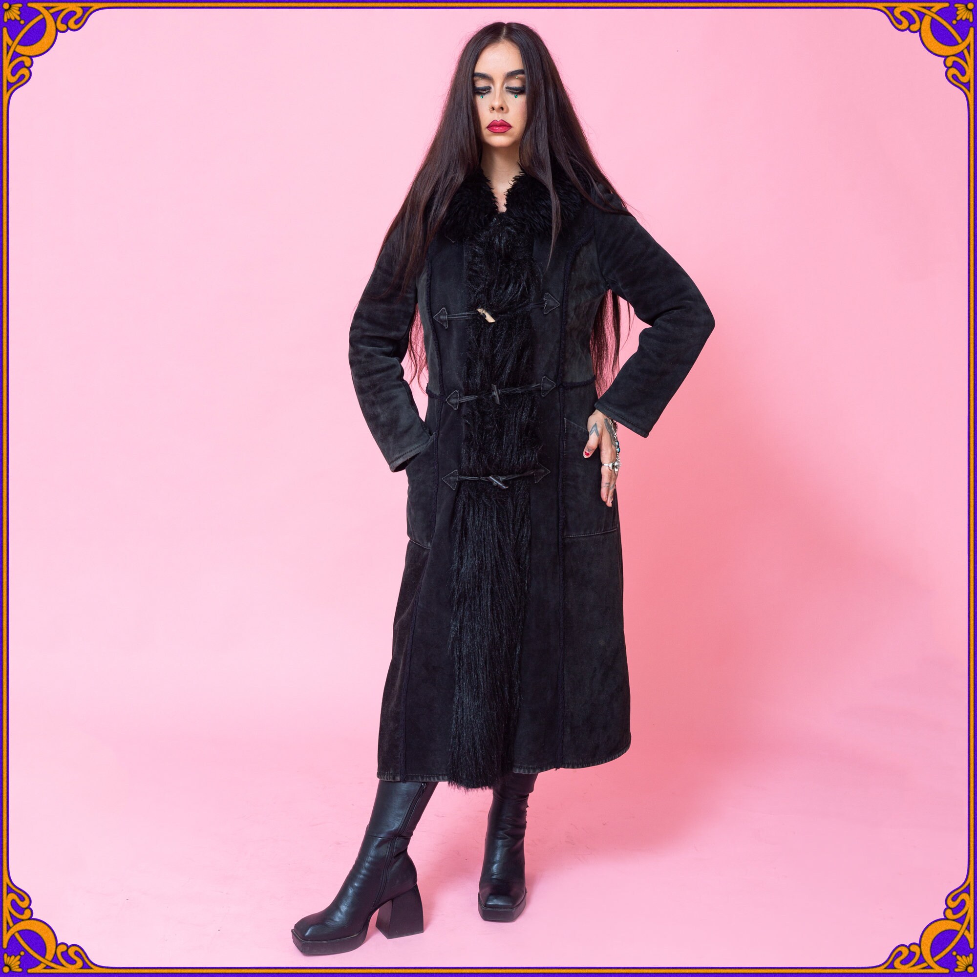 Amazing 60s 70s Black Suede Leather & Faux Fur Penny Lane Coat